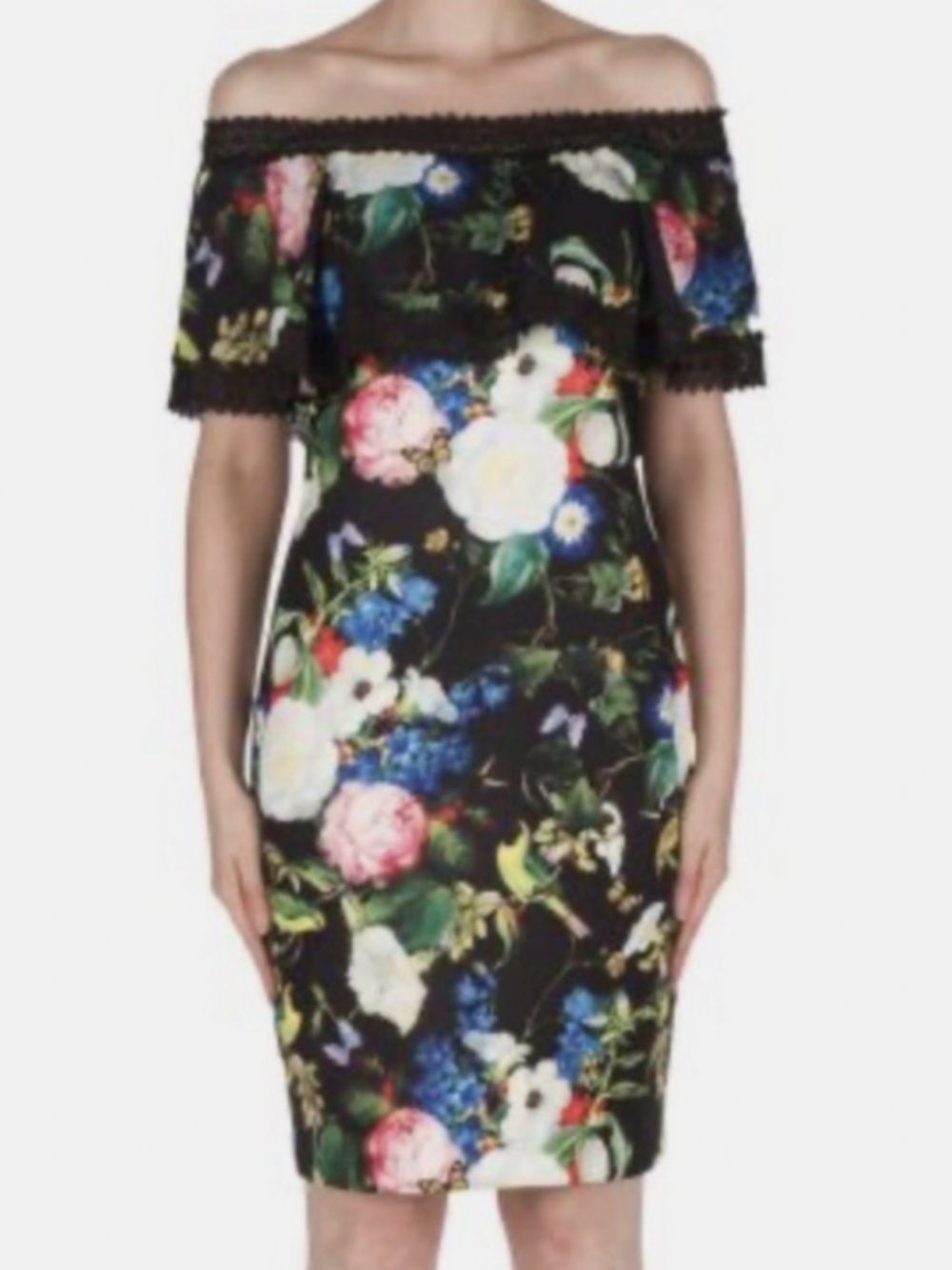 Joseph Ribkoff Black Floral Off-Shoulder Sheath Dress With Butterflies And Birds